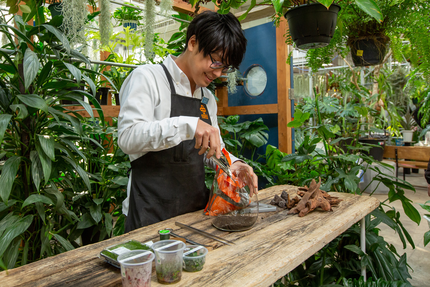 ガラスポットSHIZUKUにソイルを入れる鹿島さん