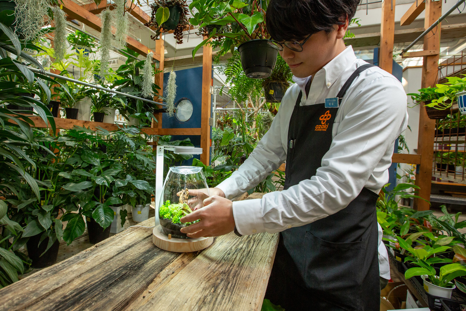 ウッドベースに完成したガラスポットSHIZUKUを置く鹿島さん